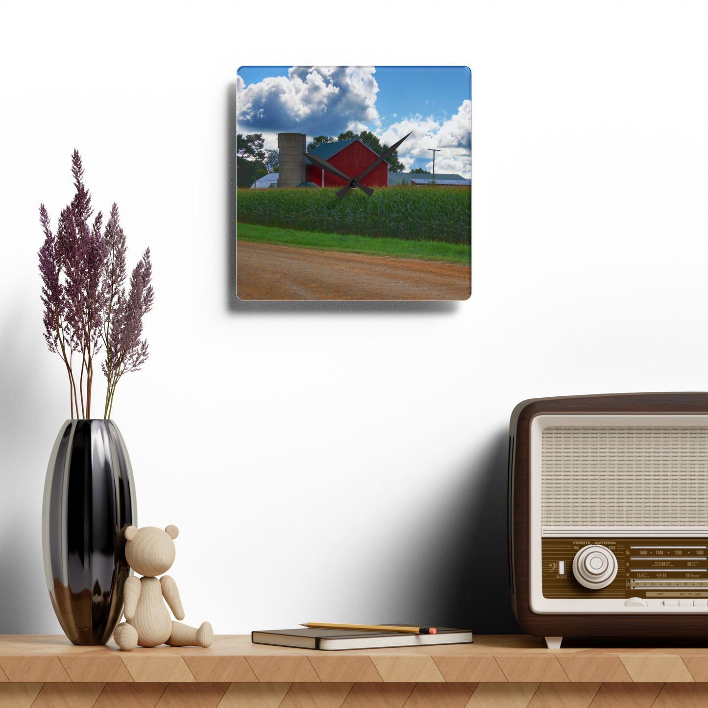 U R There Photography East Brown Road Red Rustic Farmhouse Acrylic Analog Wall Clock