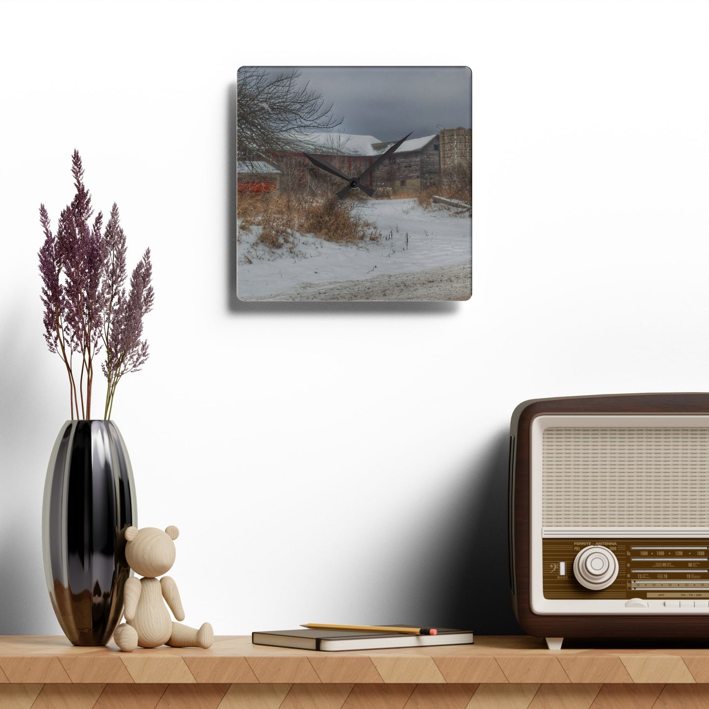 U R There Photography Midwinter Red Rustic Farmhouse Acrylic Analog Wall Clock