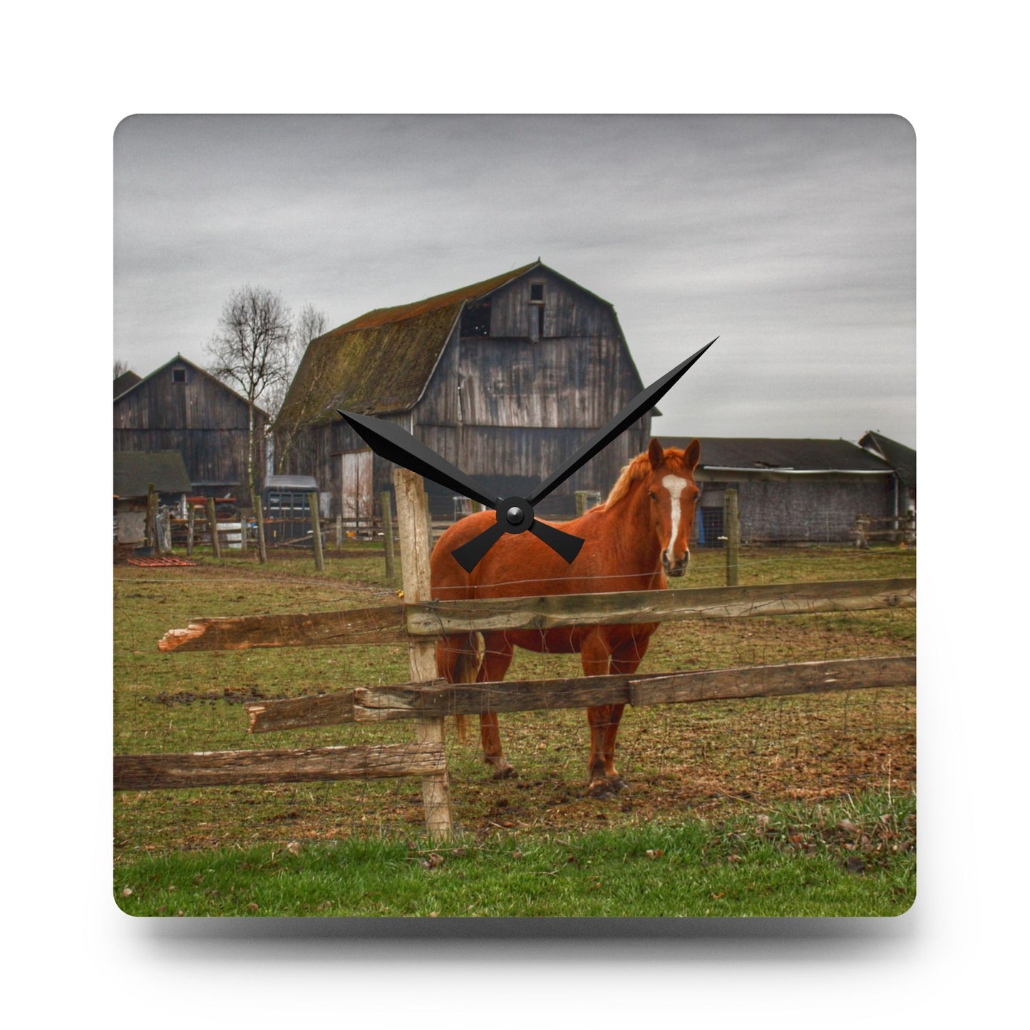 U R There Photography South Summers Road Old Grey and Caramel IV Rustic Farmhouse Acrylic Analog Wall Clock