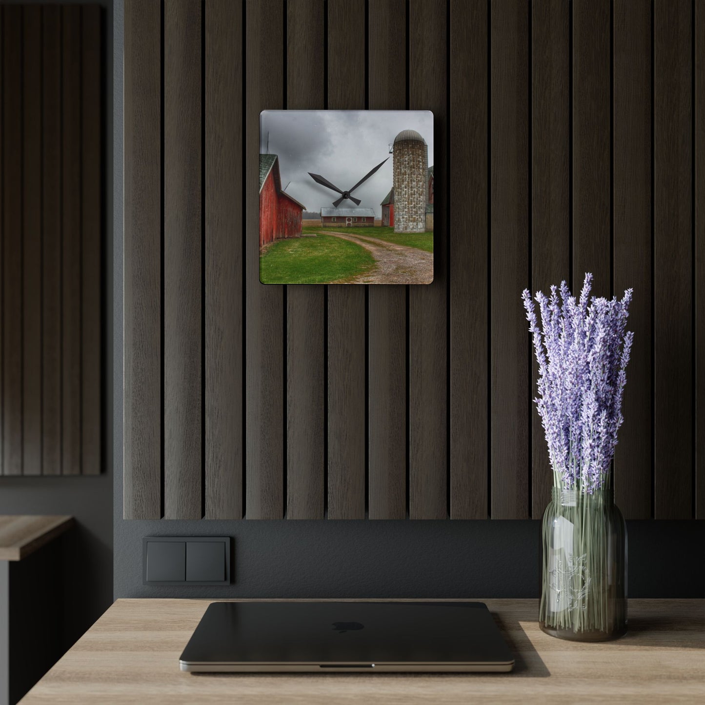 U R There Photography Roedel Roadside Reds II Rustic Farmhouse Acrylic Analog Wall Clock