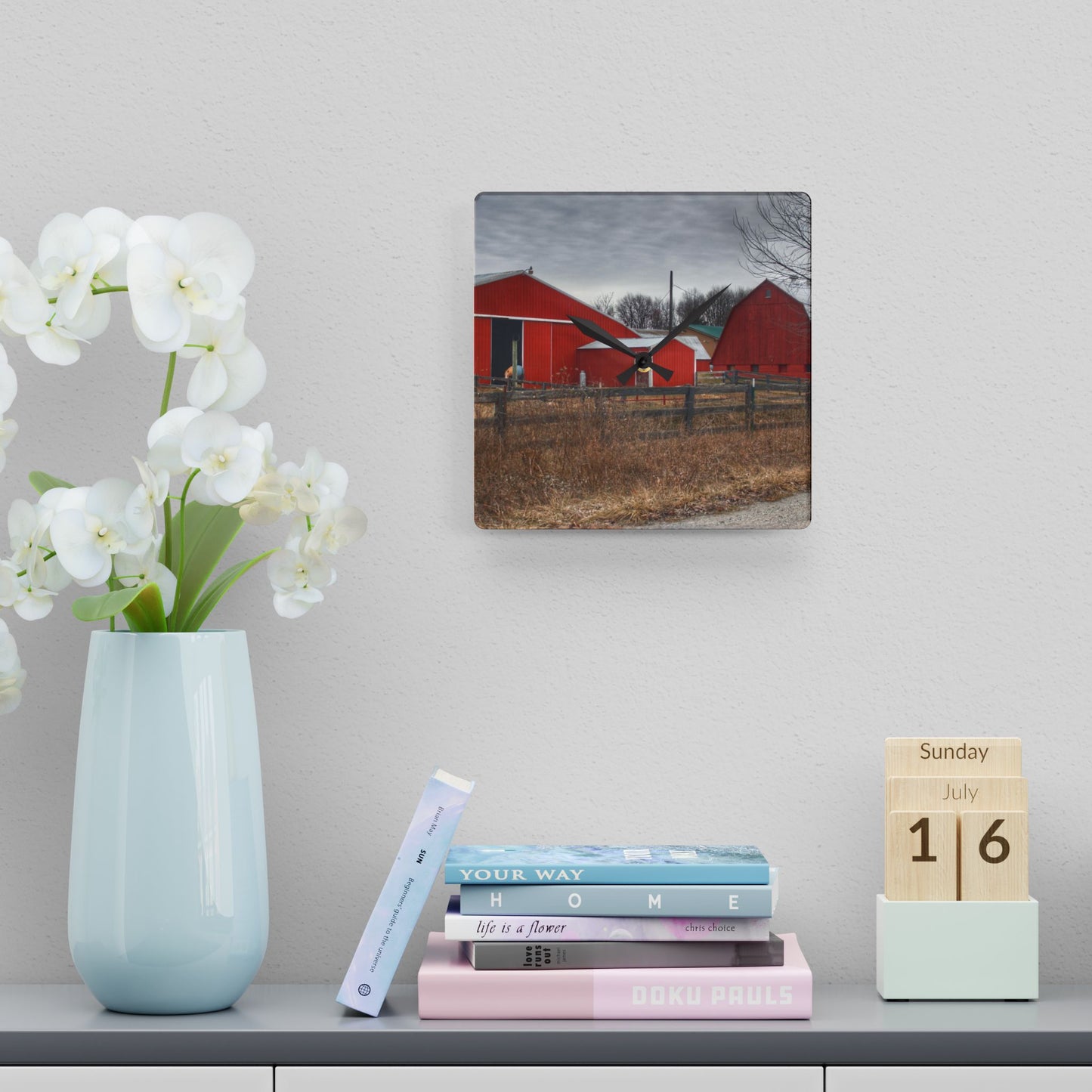 U R There Photography January Reds Rustic Farmhouse Acrylic Analog Wall Clock