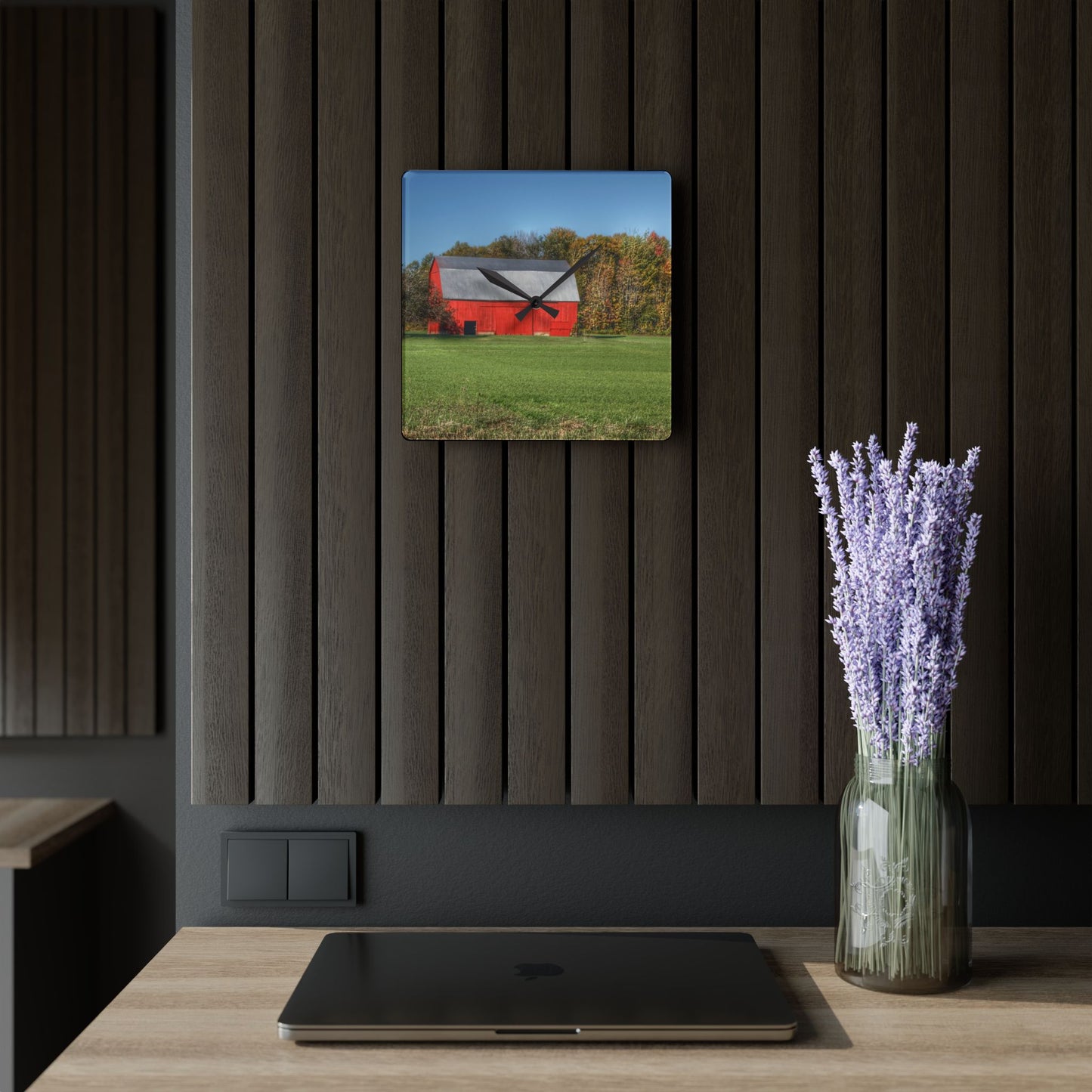 U R There Photography Ubly Road Red Rustic Farmhouse Acrylic Analog Wall Clock