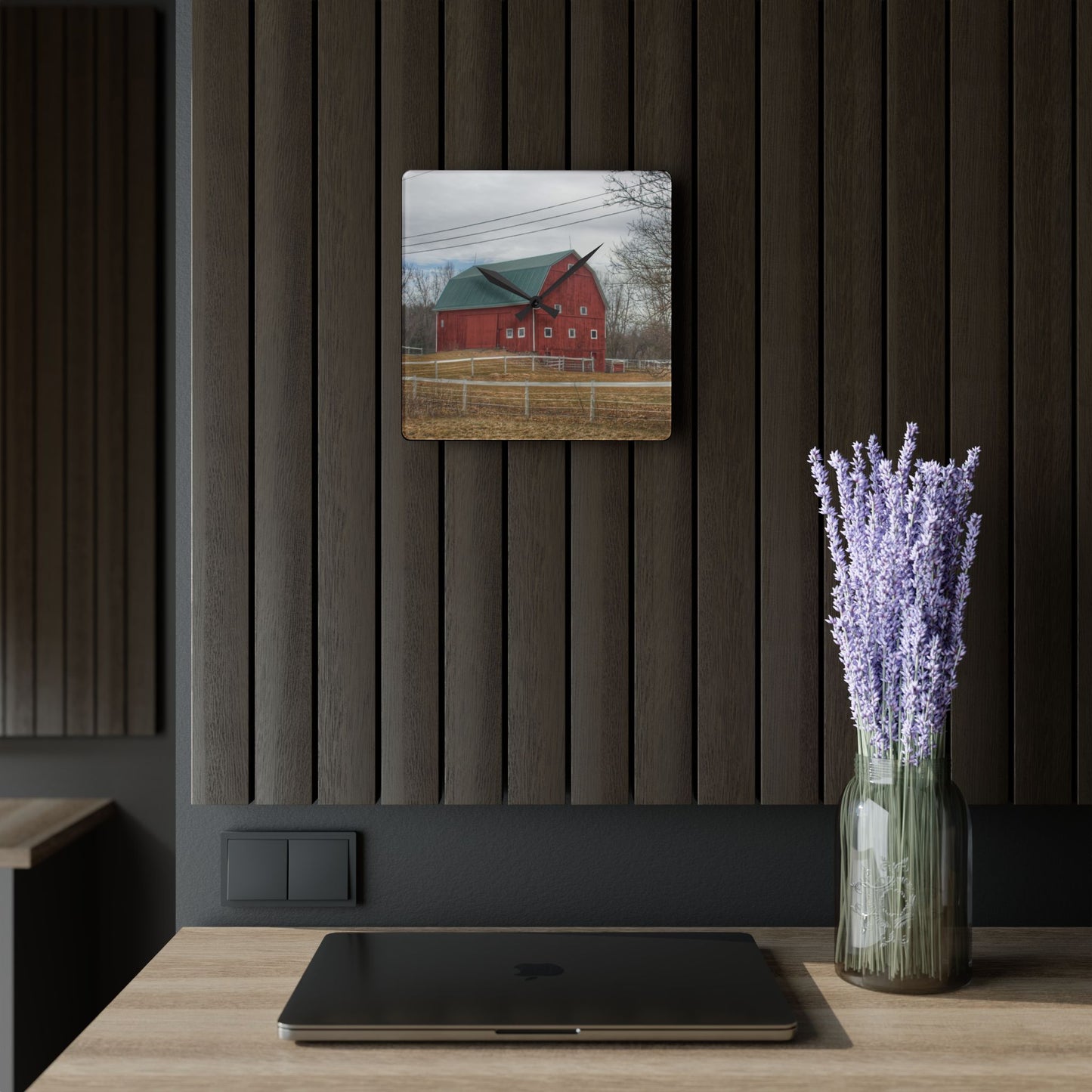 U R There Photography Diehl Road Red Rustic Farmhouse Acrylic Analog Wall Clock