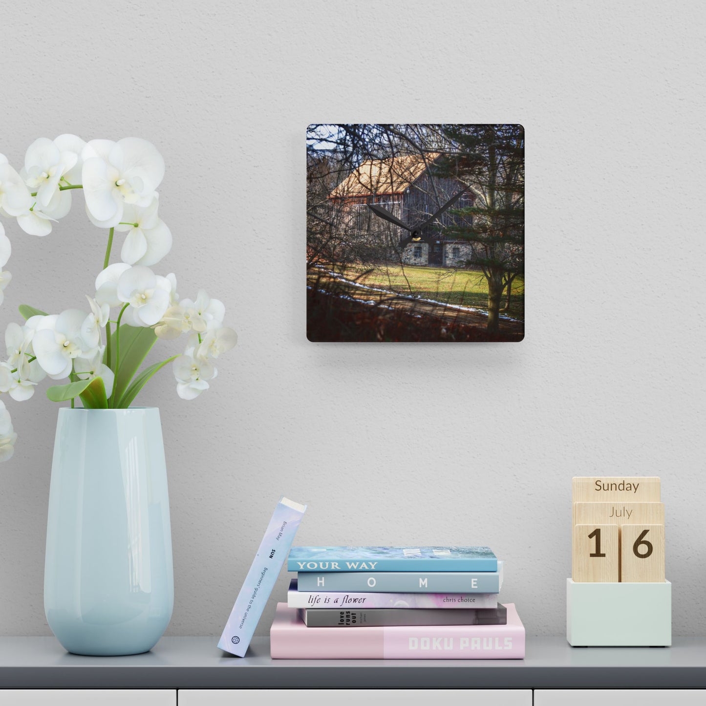 U R There Photography Newark Road Hidden Fieldstone Grey Rustic Farmhouse Acrylic Analog Wall Clock