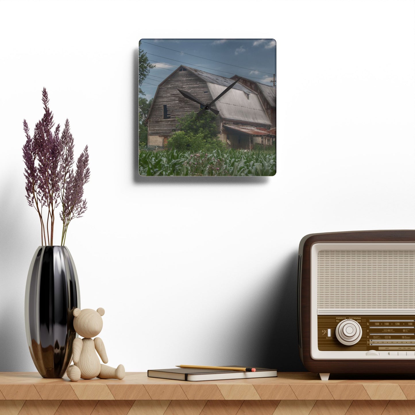 U R There Photography Murphy Lake Road Grey lI Rustic Farmhouse Acrylic Analog Wall Clock