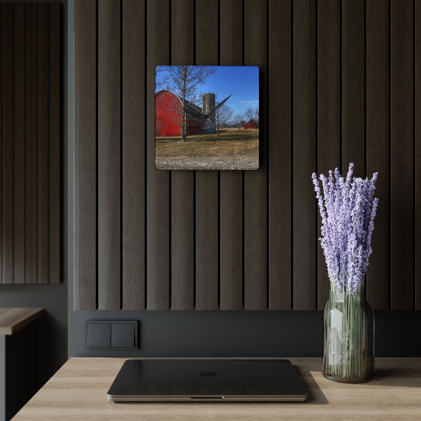 U R There Photography Romeo Plank Road Reds I Rustic Farmhouse Acrylic Analog Wall Clock