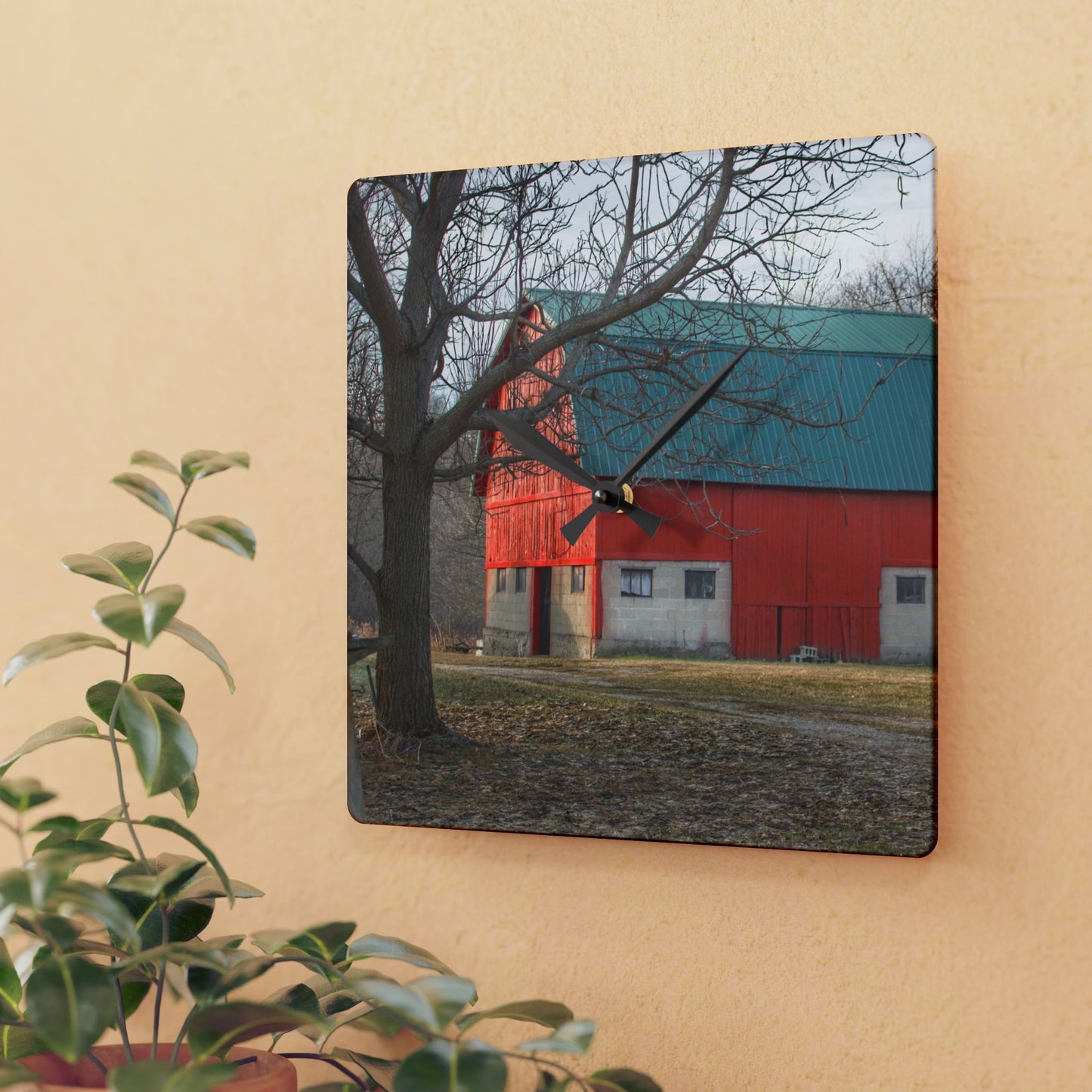 U R There Photography Wilson Road Red and Silo I Rustic Farmhouse Acrylic Analog Wall Clock