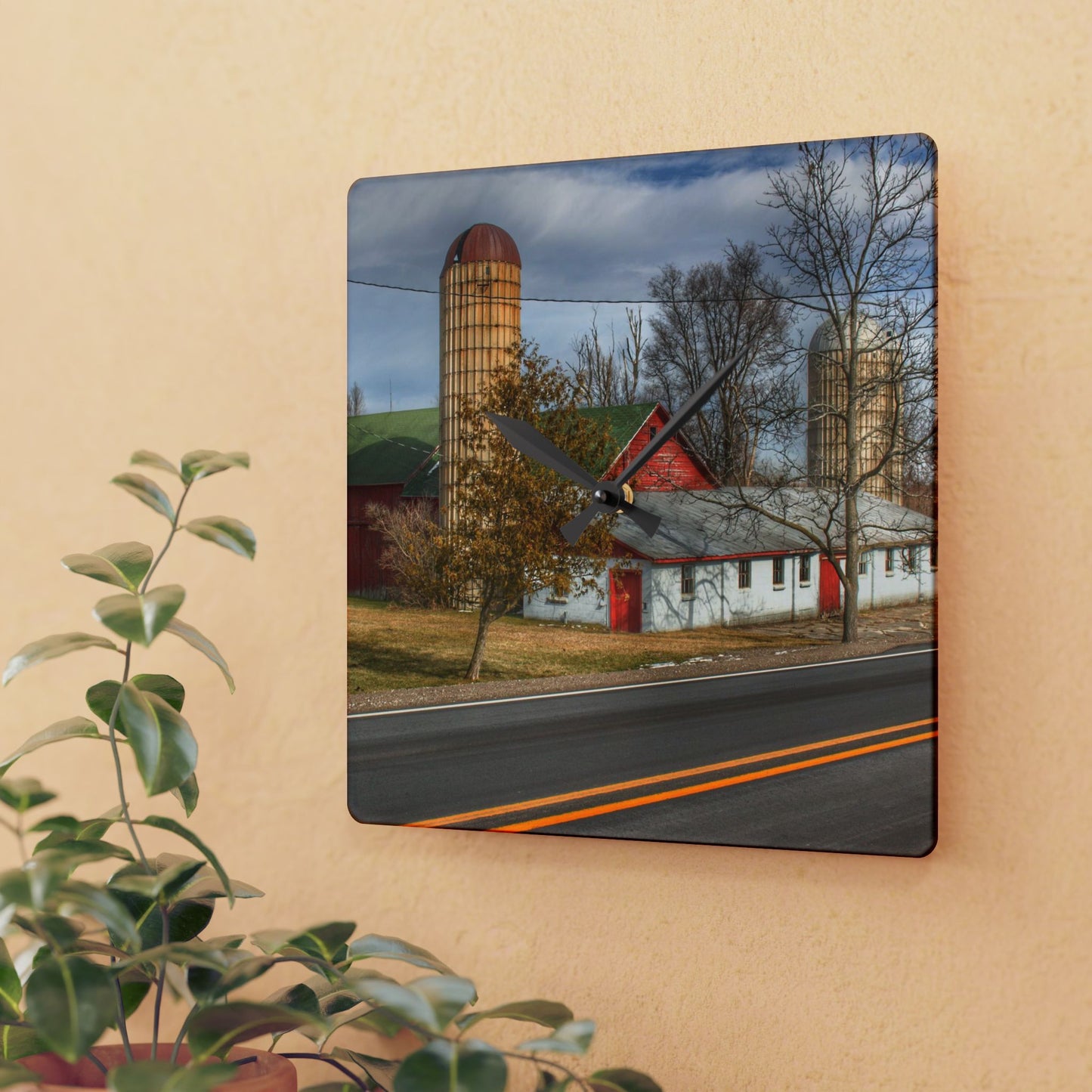 U R There Photography Newark Road Red and Silos III Rustic Farmhouse Acrylic Analog Wall Clock