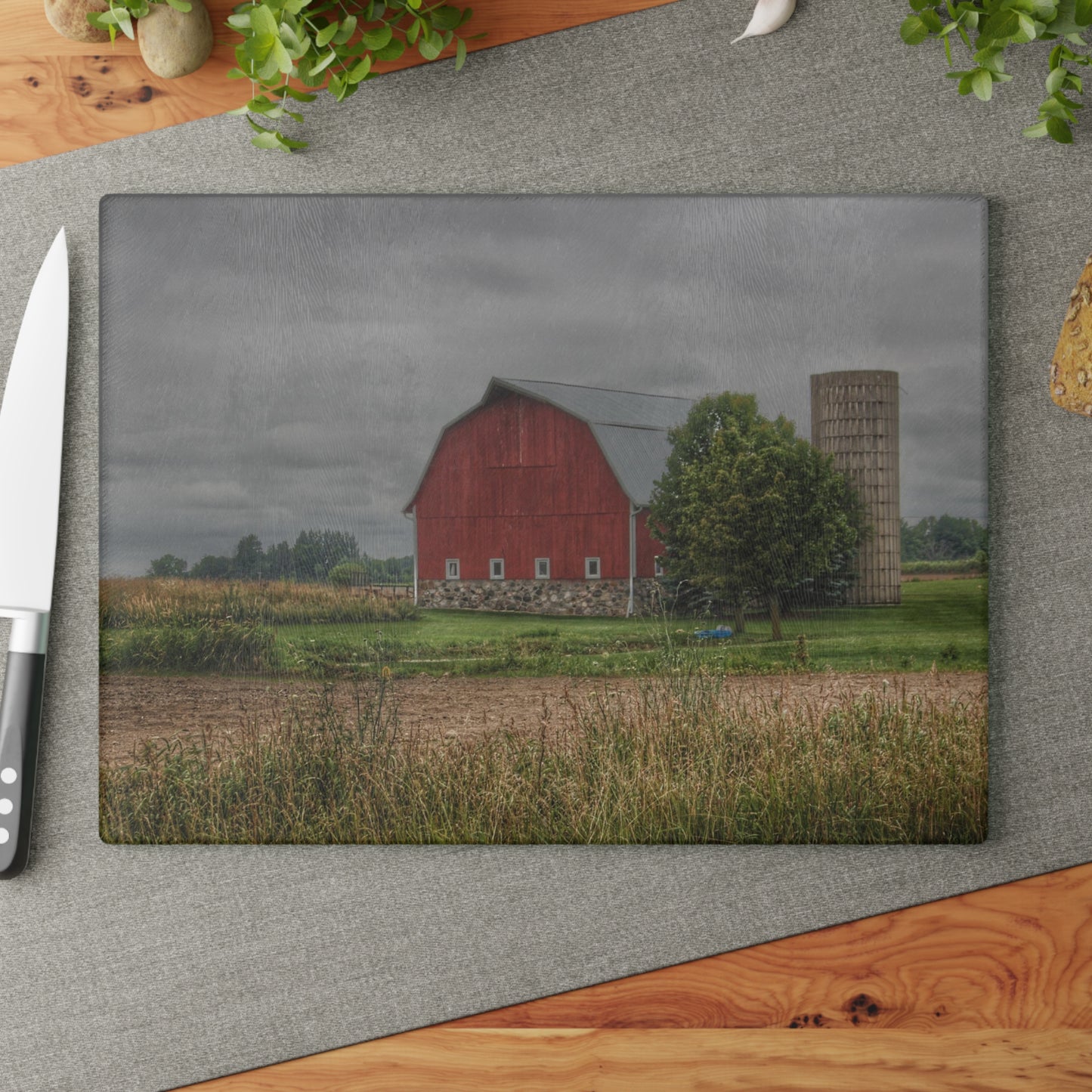U R There Photography Clifford Road Red and Silo II Rustic Farmhouse Tempered-Glass Cutting Board