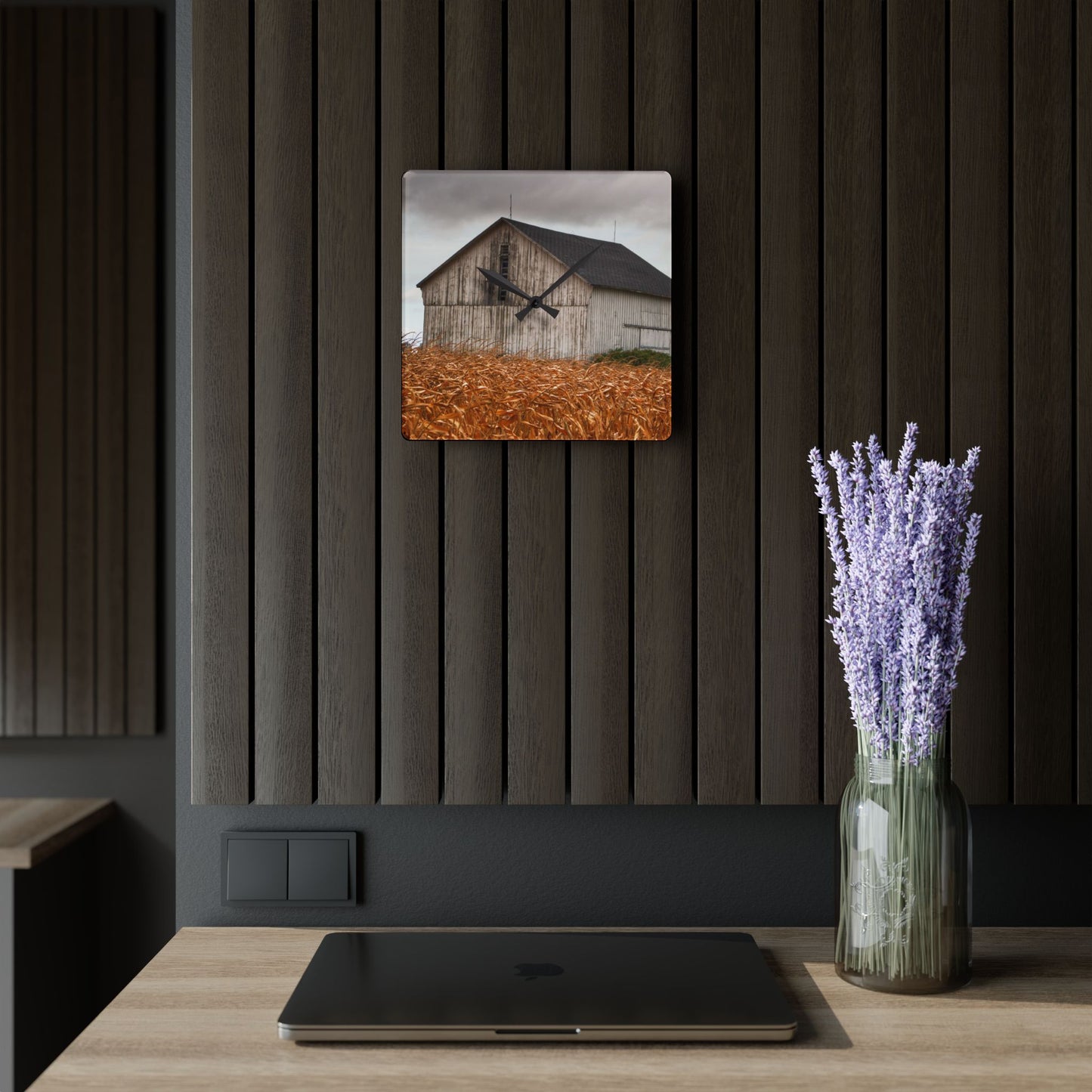 U R There Photography Merry Road Grey Rustic Farmhouse Acrylic Analog Wall Clock