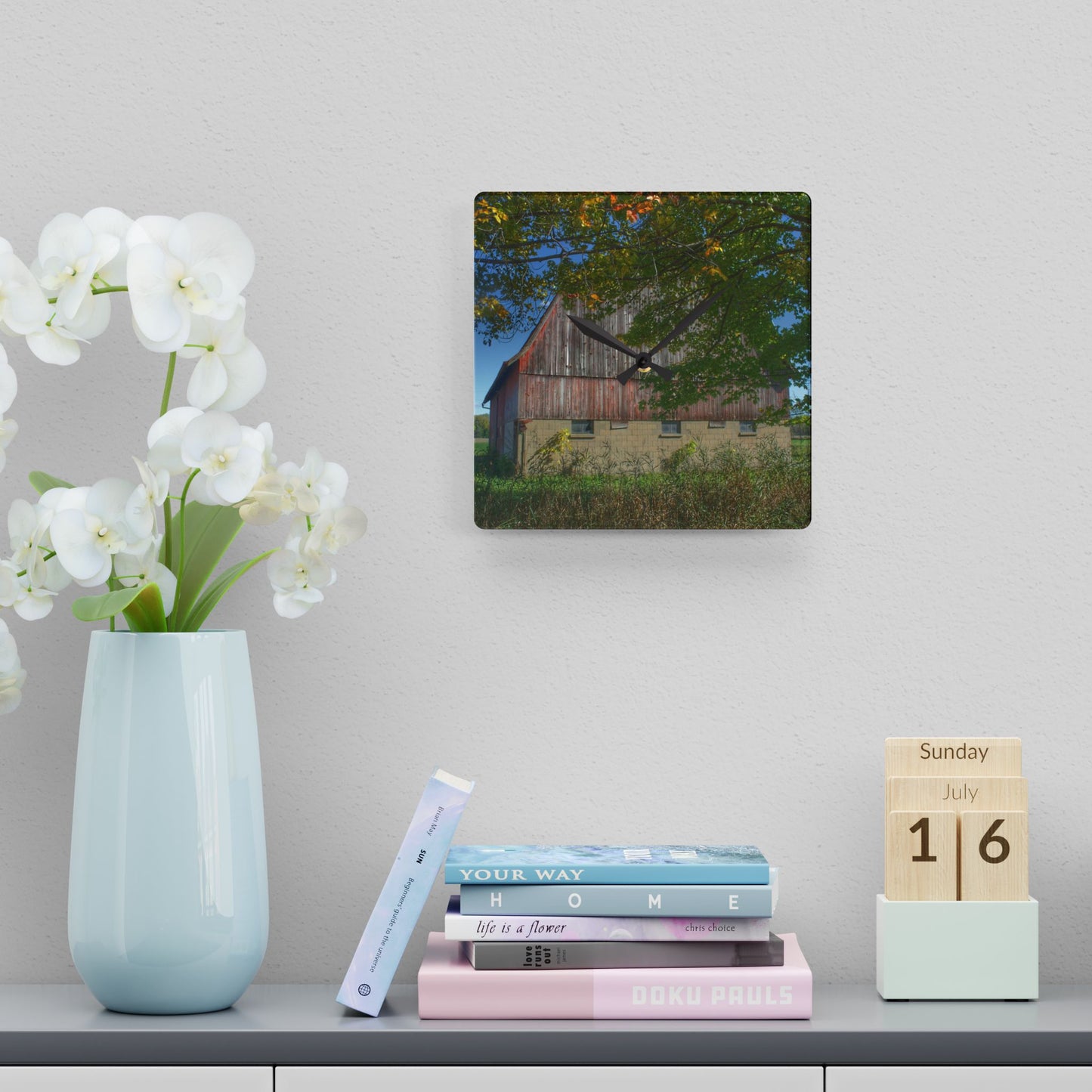 U R There Photography Byington Road Red I Rustic Farmhouse Acrylic Analog Wall Clock