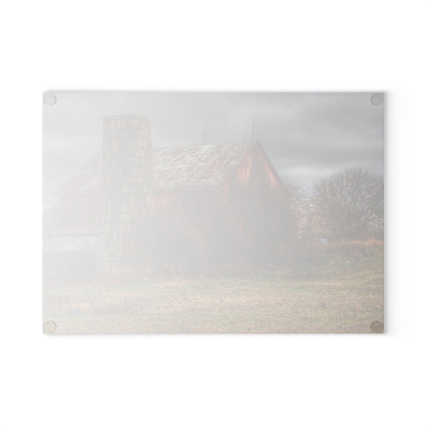 U R There Photography Slattery Road Old Red and Silo I Rustic Farmhouse Tempered-Glass Cutting Board