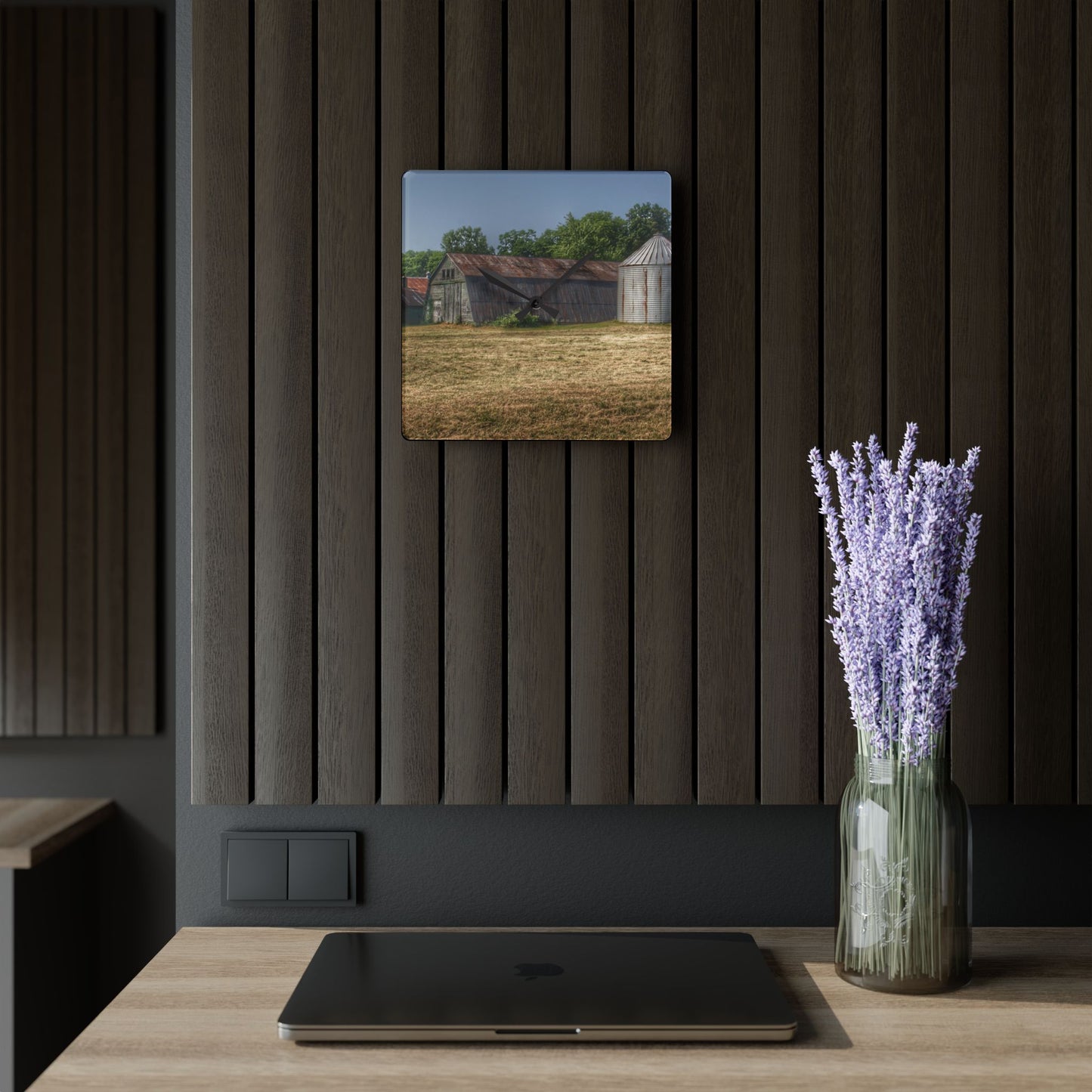 U R There Photography Hough Road Green Quonset I Rustic Farmhouse Acrylic Analog Wall Clock
