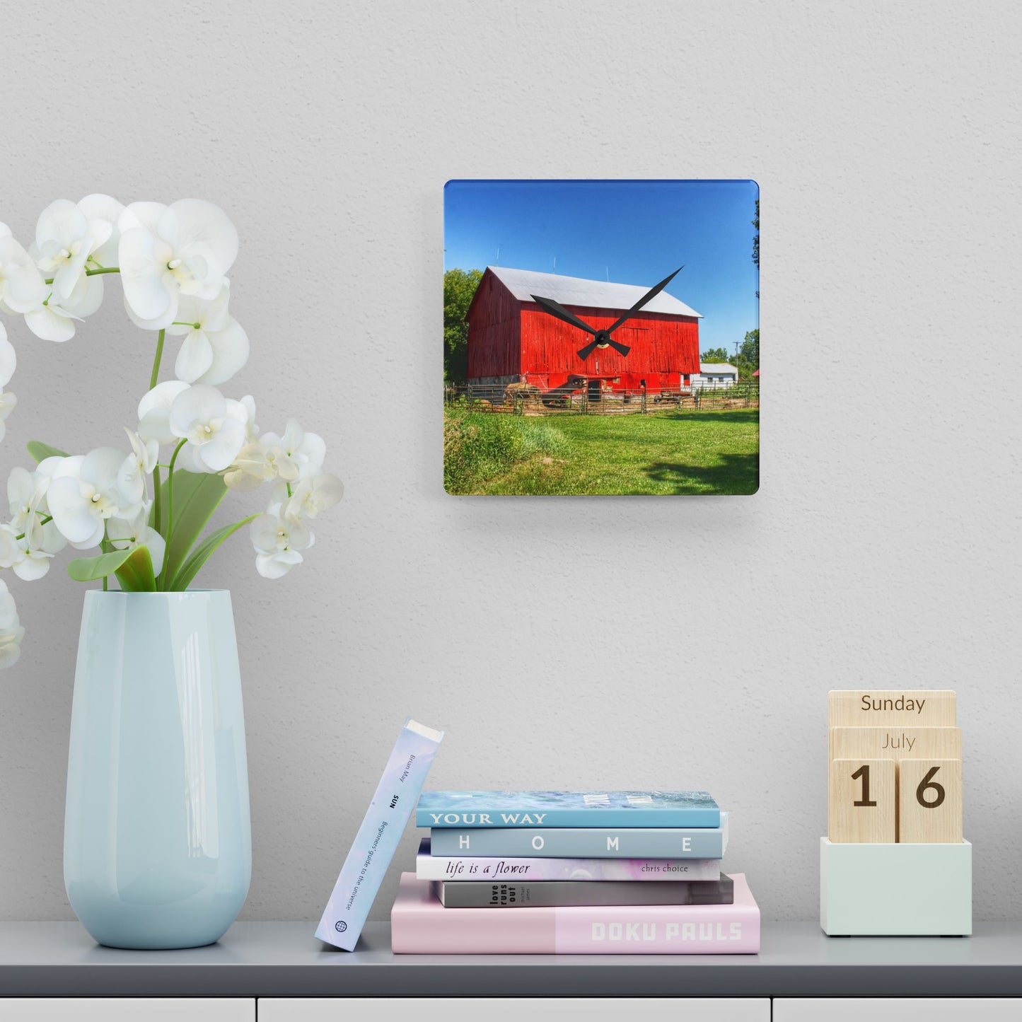 U R There Photography Harris Road Red Rustic Farmhouse Acrylic Analog Wall Clock