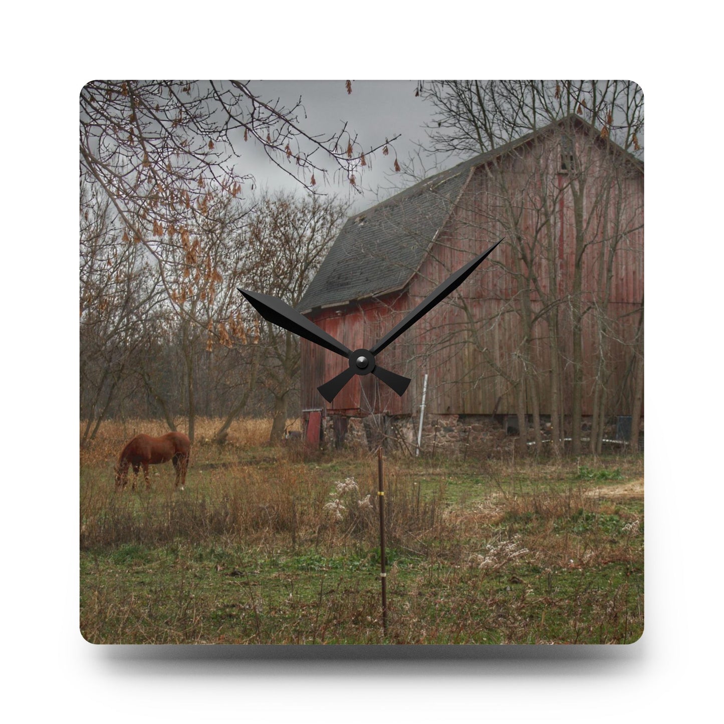 U R There Photography Blair Road Barn and Horse Rustic Farmhouse Acrylic Analog Wall Clock