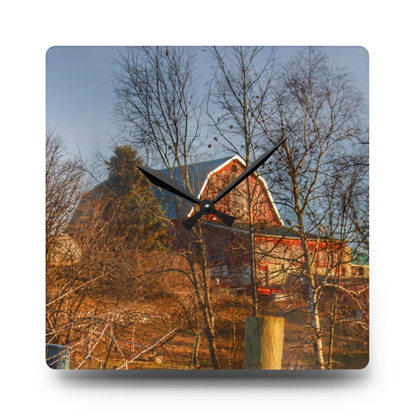 U R There Photography Otter Lake Road Hillside Red Rustic Farmhouse Acrylic Analog Wall Clock