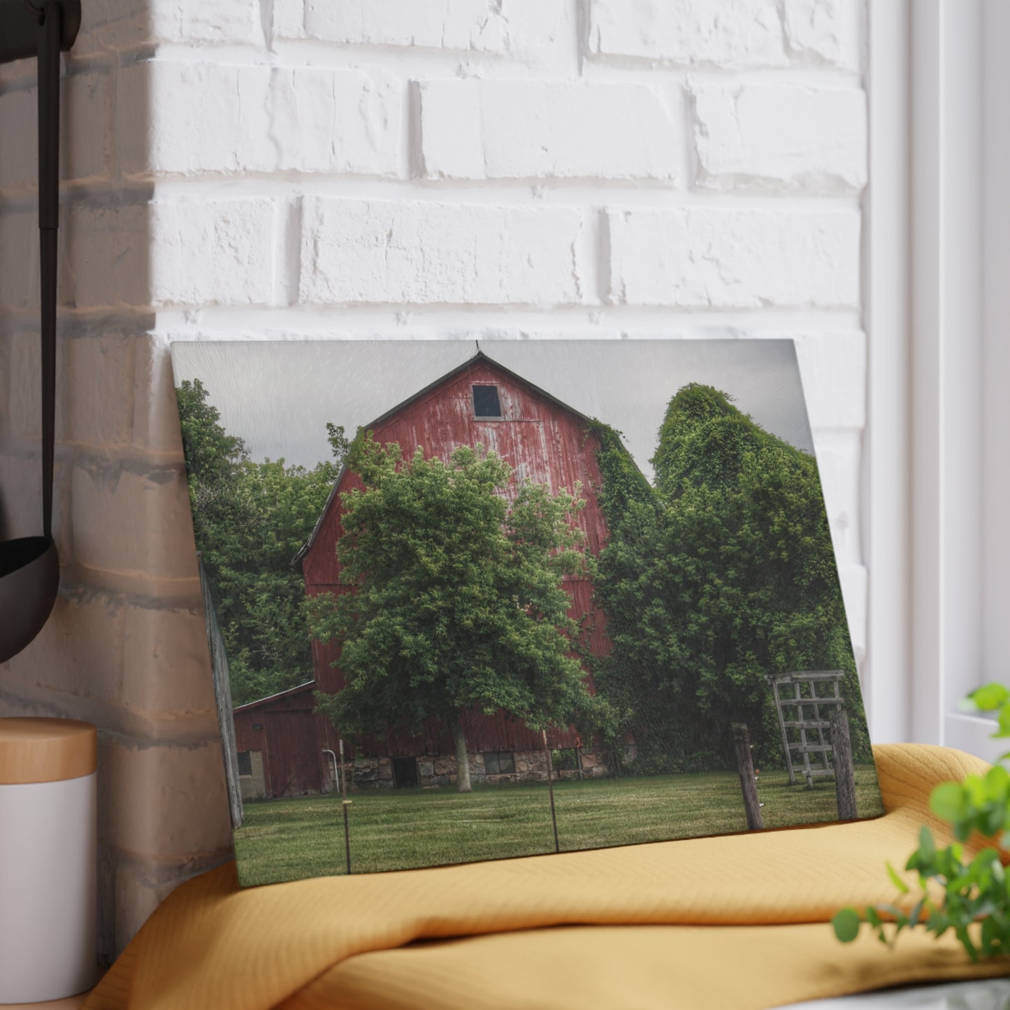 U R There Photography Otter Lake Road Hidden Red Rustic Farmhouse Tempered-Glass Cutting Board