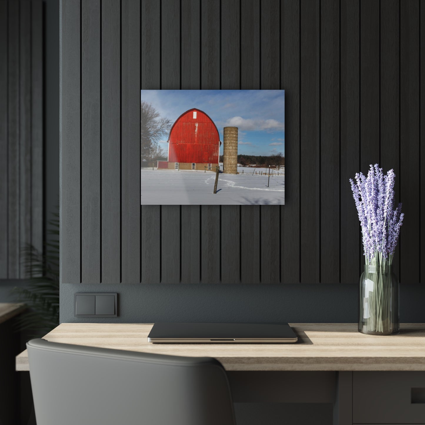U R There Photography Barnes Road Winter Red Rustic Farmhouse Acrylic Wall Print