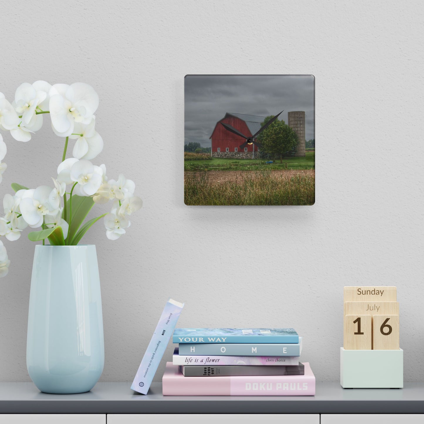 U R There Photography Clifford Road Red and Silo II Rustic Farmhouse Acrylic Analog Wall Clock