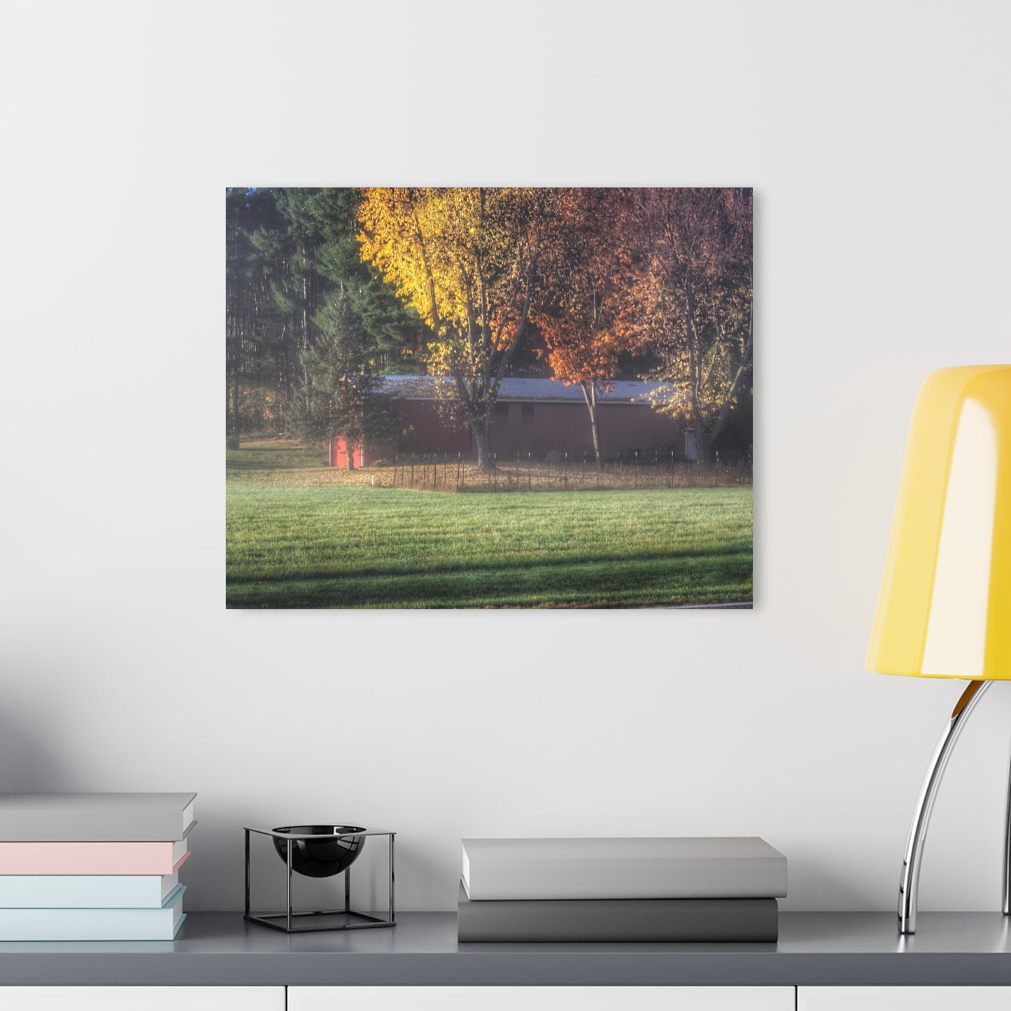 U R There Photography Red Barn on Foggy Fall Morning Rustic Farmhouse Acrylic Wall Print
