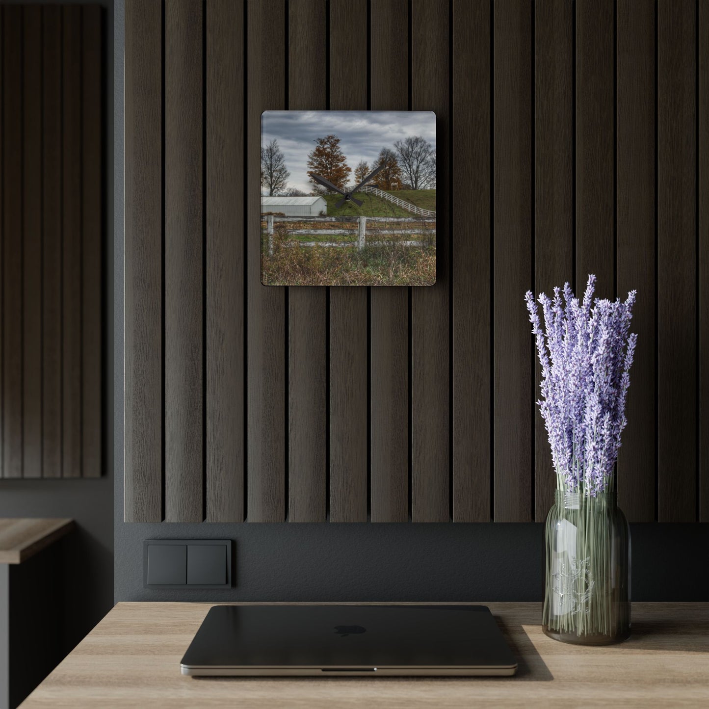 U R There Photography Millville Road Horses on the Hill Rustic Farmhouse Acrylic Analog Wall Clock