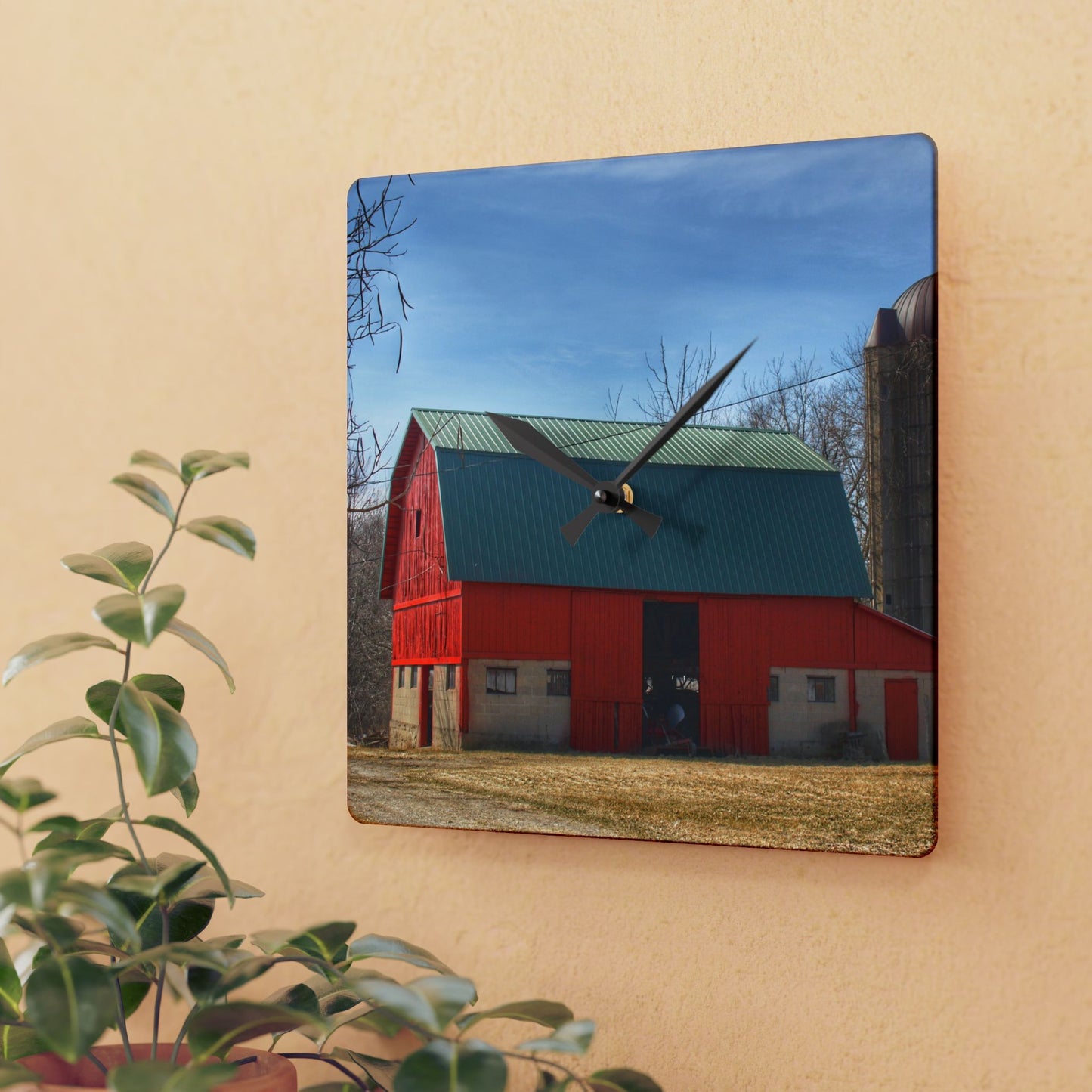 U R There Photography Wilson Road Red and Silo II Rustic Farmhouse Acrylic Analog Wall Clock