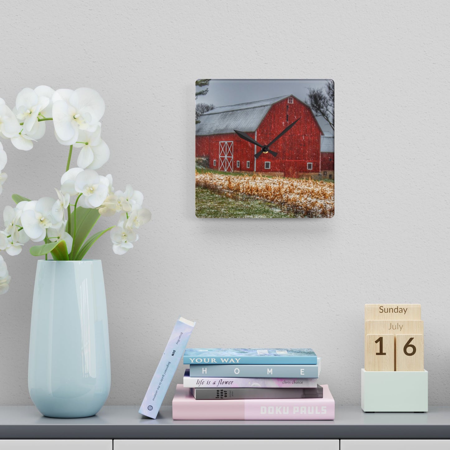 U R There Photography Shoemaker Road Winter Reds I Rustic Farmhouse Acrylic Analog Wall Clock