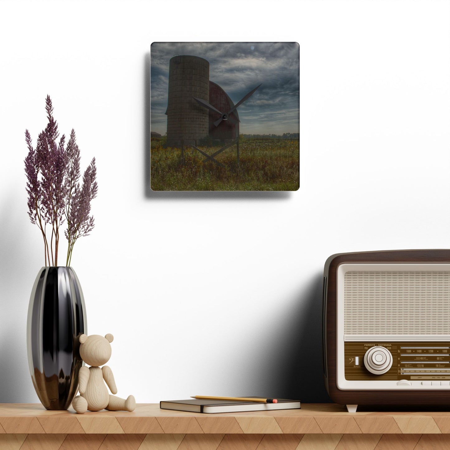 U R There Photography Mushroom Road Red I Rustic Farmhouse Acrylic Analog Wall Clock
