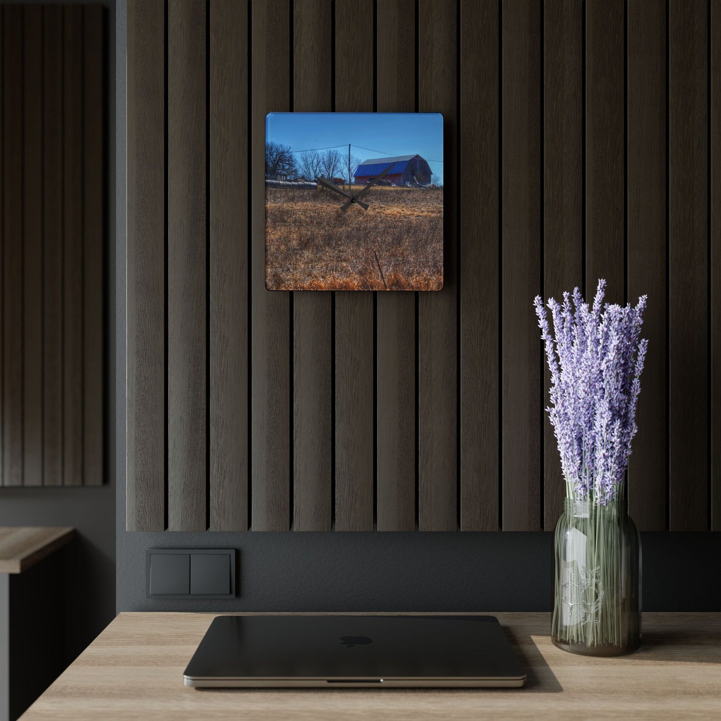U R There Photography Marathon Haybarn on the Hill I Rustic Farmhouse Acrylic Analog Wall Clock