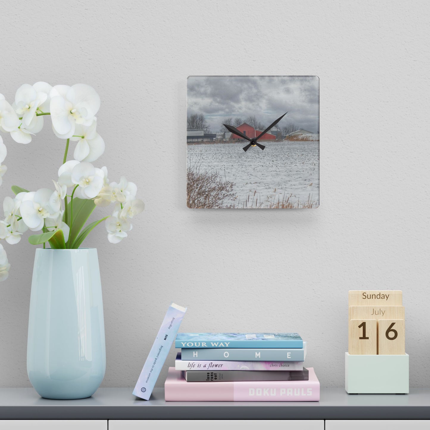 U R There Photography Maple Valley Road Red II Rustic Farmhouse Acrylic Analog Wall Clock