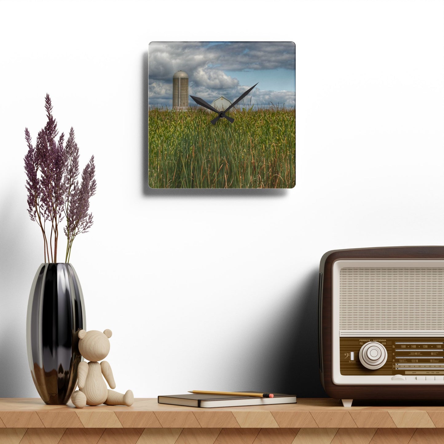 Rustic Farmhouse Wall Clock featuring Overlooking a Corn Field