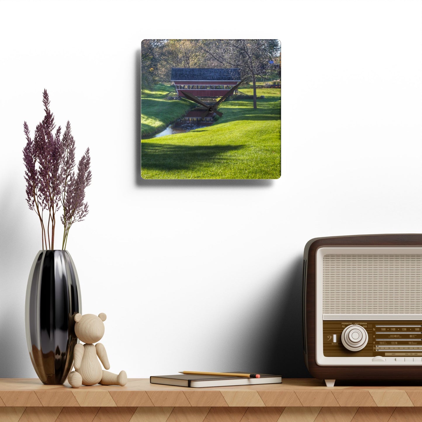 U R There Photography Hadley Covered Bridge I Rustic Farmhouse Acrylic Analog Wall Clock