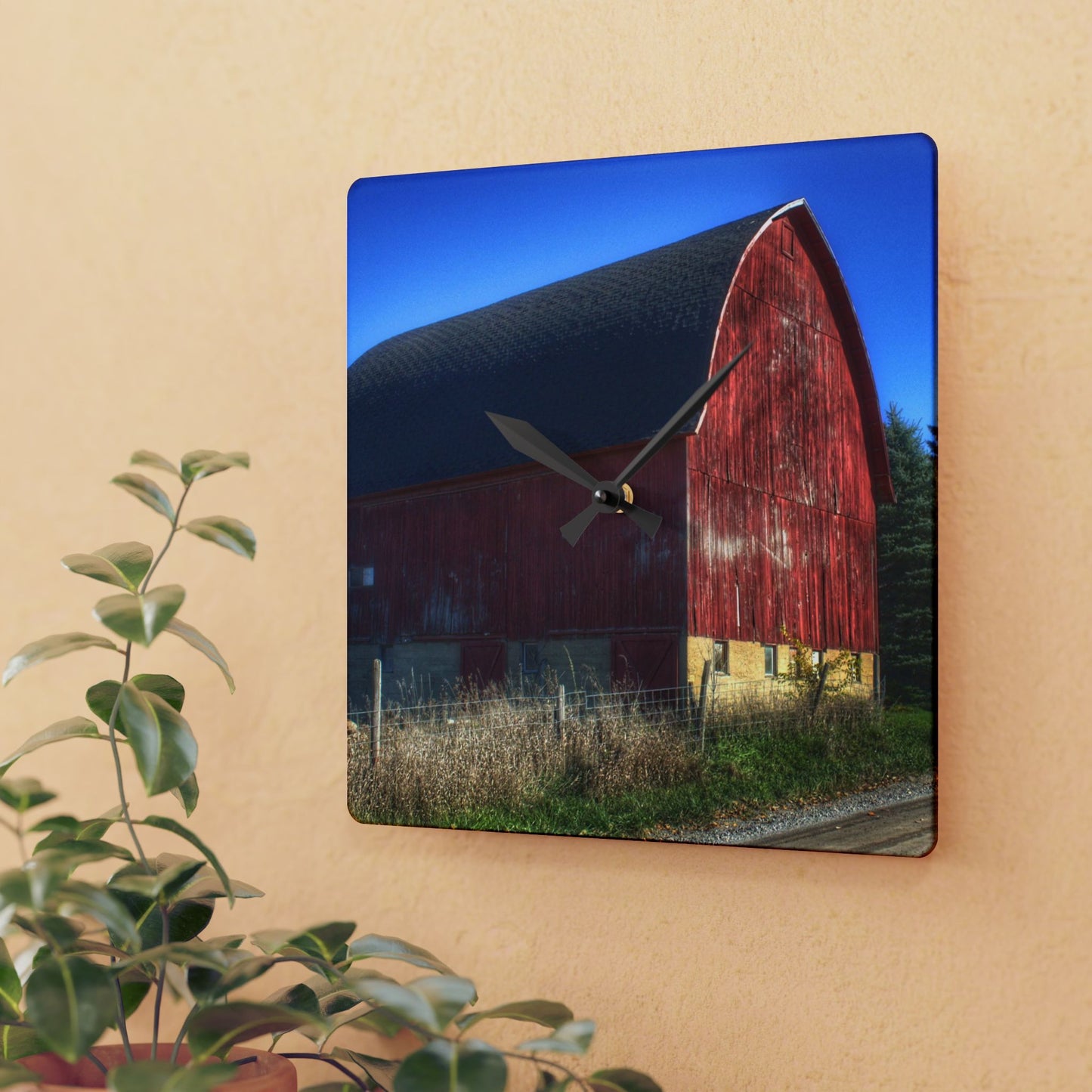U R There Photography Big Roadside Red Rustic Farmhouse Acrylic Analog Wall Clock