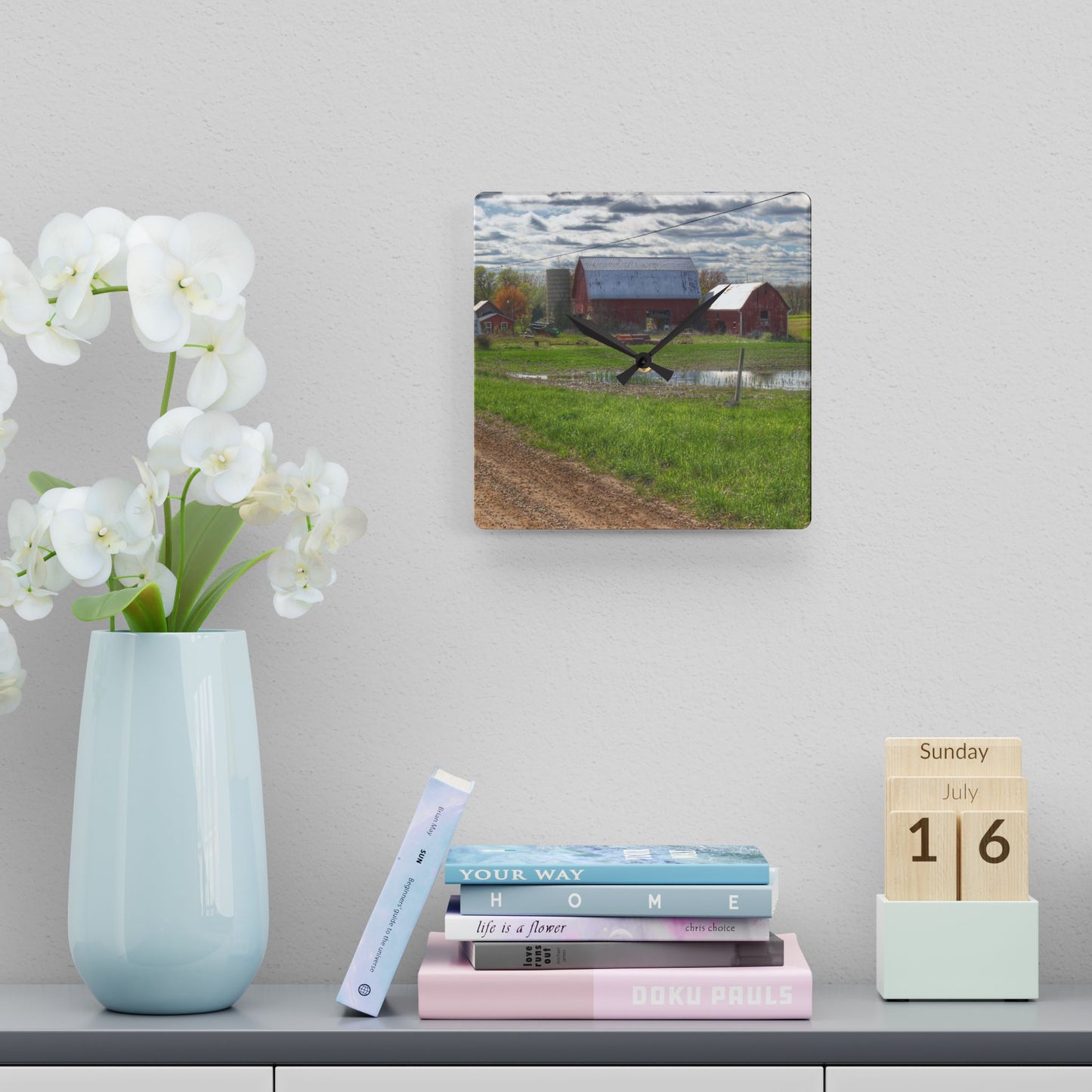 U R There Photography McDowell Road Reds II Rustic Farmhouse Acrylic Analog Wall Clock