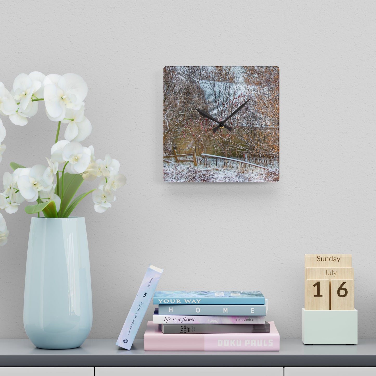 U R There Photography Dryden Road Hidden Winter Grey Rustic Farmhouse Acrylic Analog Wall Clock