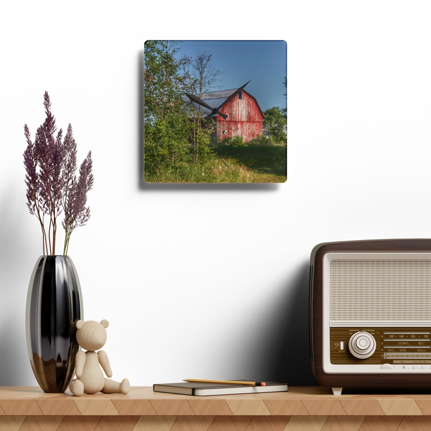 U R There Photography Columbiaville Red in Summer I Rustic Farmhouse Acrylic Analog Wall Clock