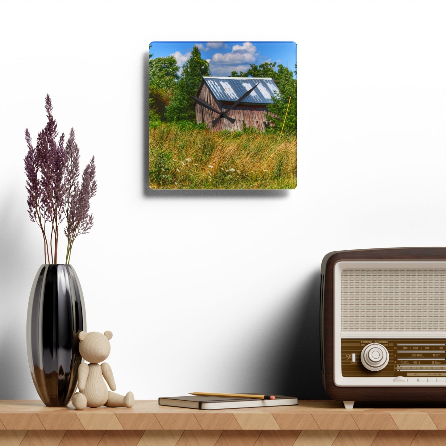 U R There Photography Lake Road Little Crooked Grey Rustic Farmhouse Acrylic Analog Wall Clock