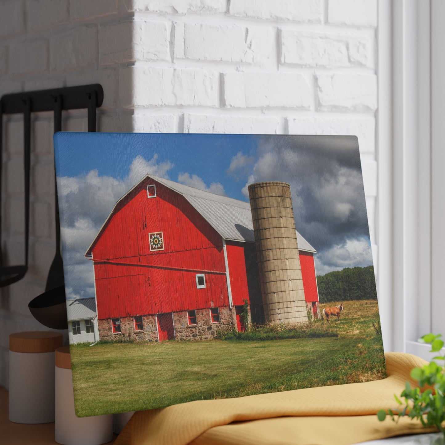 U R There Photography West Brown Road Red and Silo I Rustic Farmhouse Tempered-Glass Cutting Board