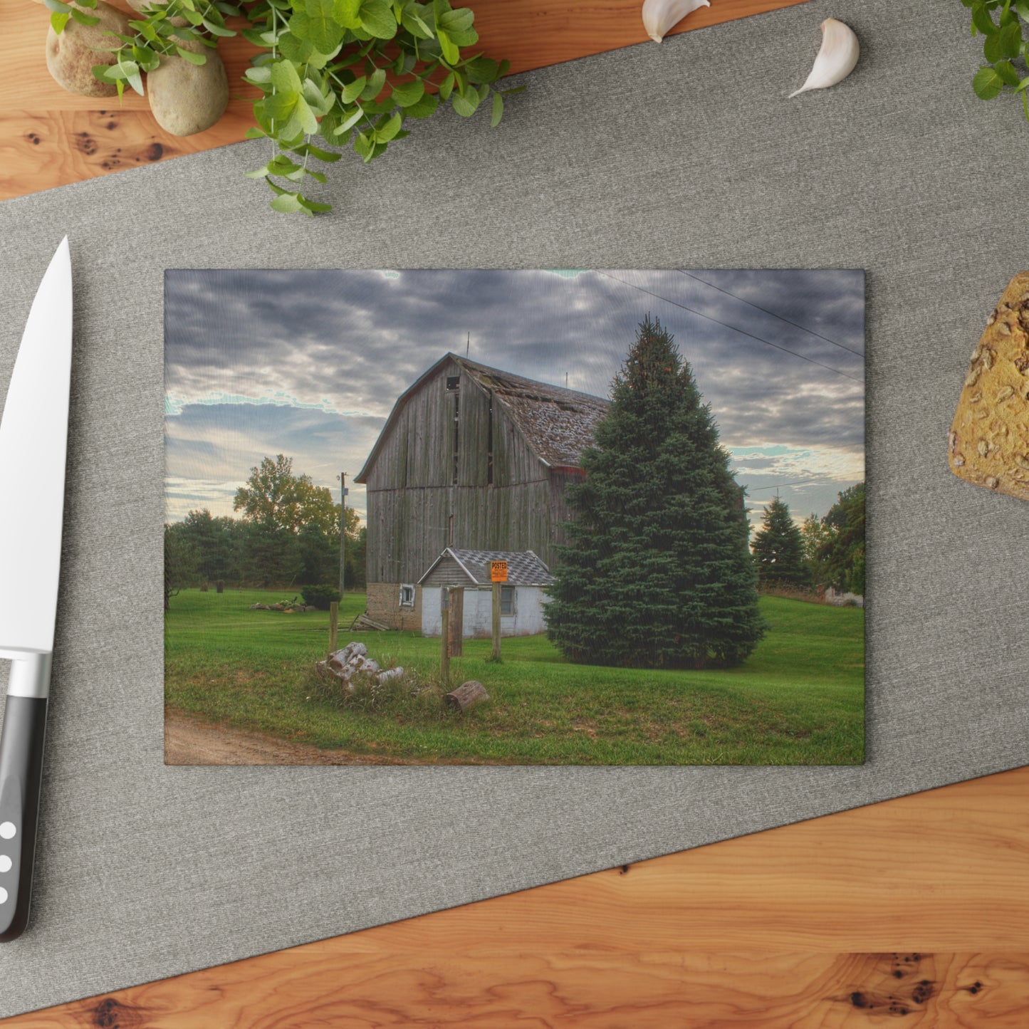 U R There Photography Rich Road Falling Grey II Rustic Farmhouse Tempered-Glass Cutting Board