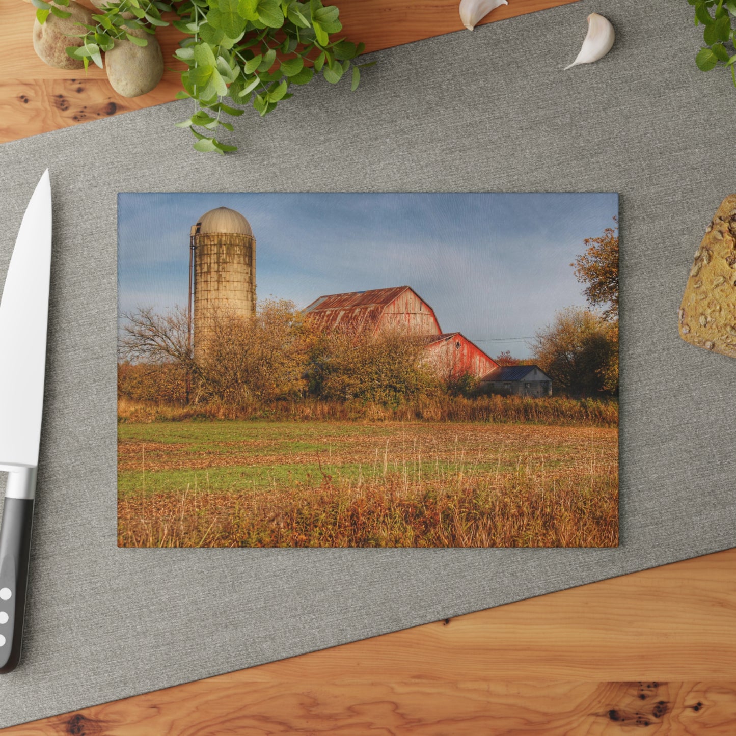 U R There Photography Cade Road Red and Silo Rustic Farmhouse Tempered-Glass Cutting Board