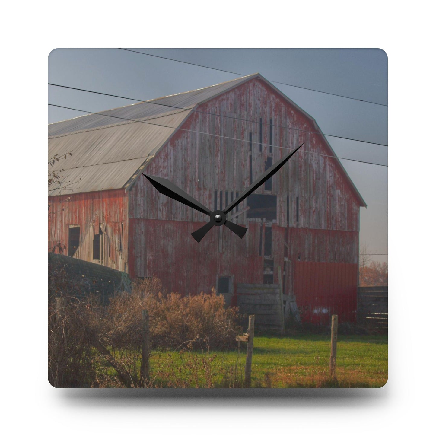 U R There Photography Dodge Road Red I Rustic Farmhouse Acrylic Analog Wall Clock