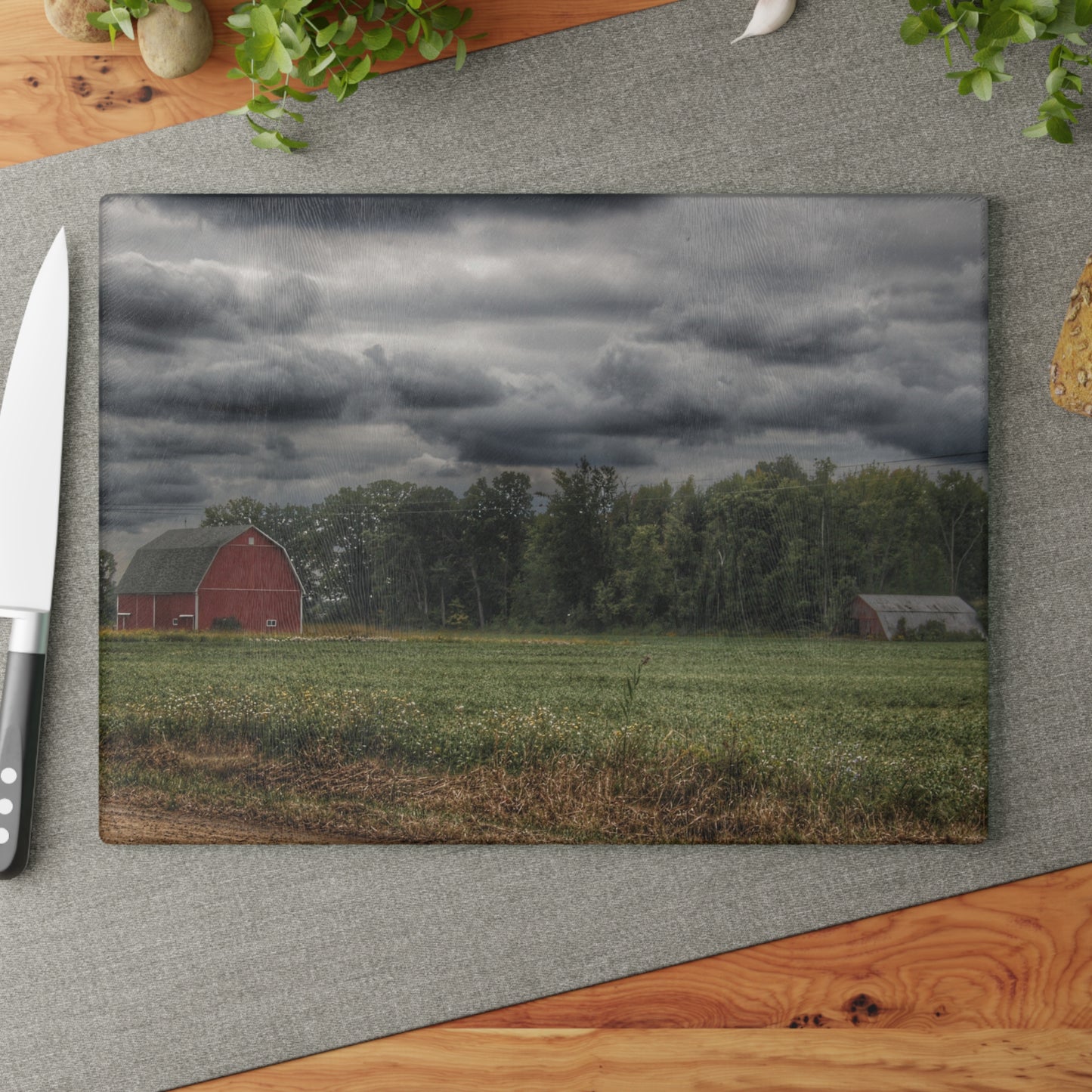 U R There Photography Weyer Road Red and Quonset Rustic Farmhouse Tempered-Glass Cutting Board