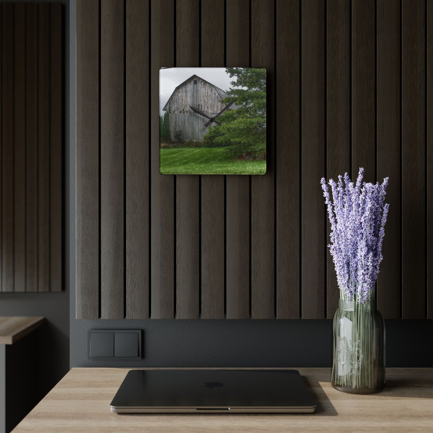 U R There Photography Dequindre Road Grey II Rustic Farmhouse Acrylic Analog Wall Clock