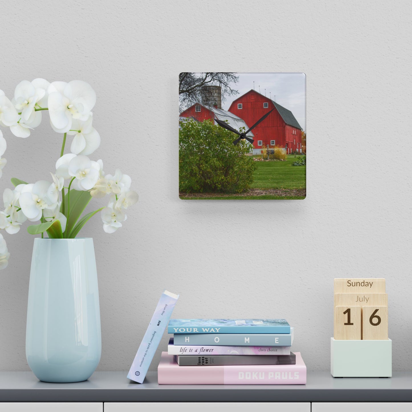 U R There Photography Potters Road Reds Rustic Farmhouse Acrylic Analog Wall Clock