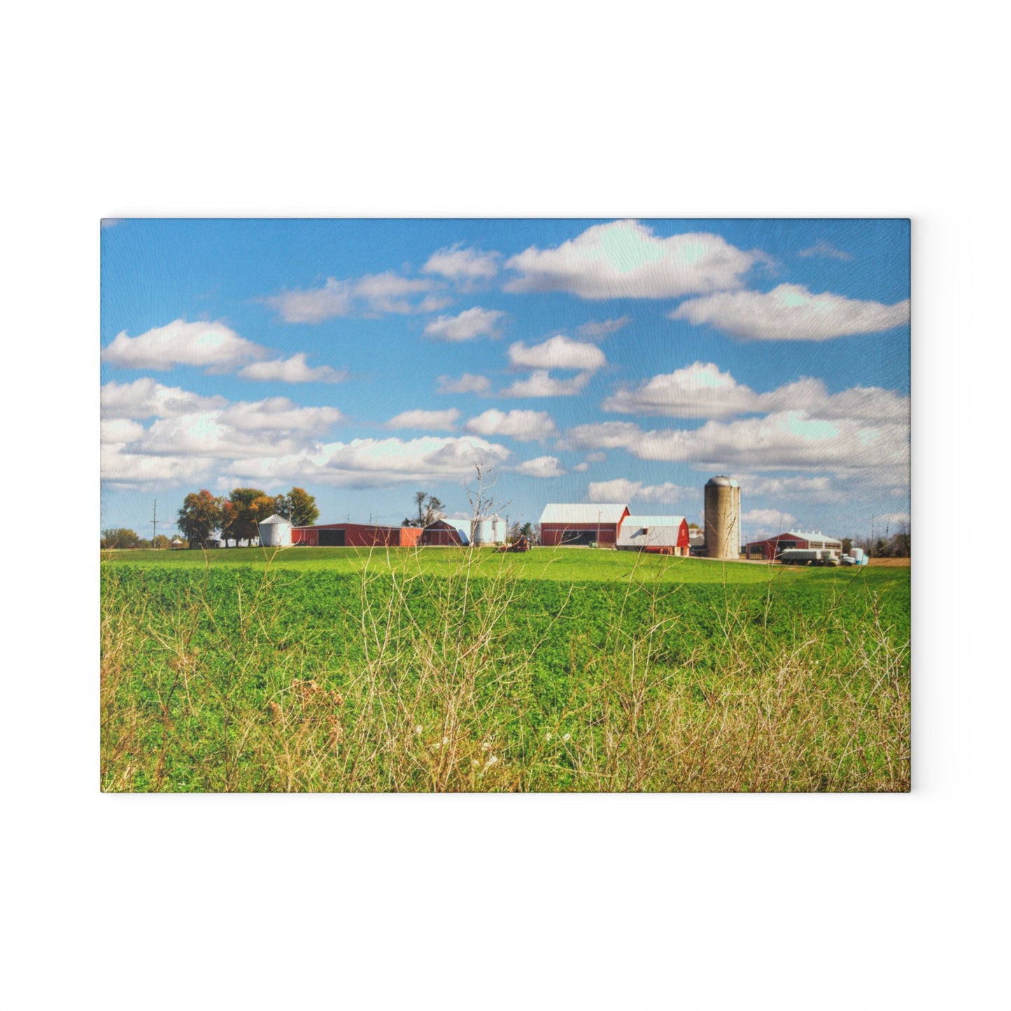 U R There Photography Pattison Road Farm Across the Field I Rustic Farmhouse Tempered-Glass Cutting Board