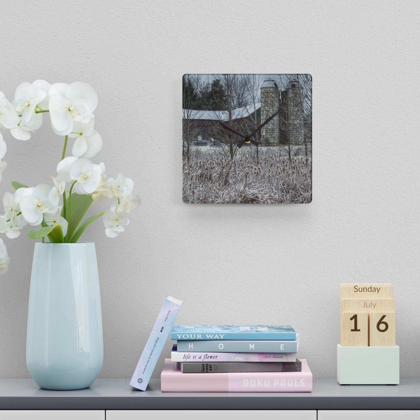 U R There Photography Washburn Road Hidden Red Rustic Farmhouse Acrylic Analog Wall Clock