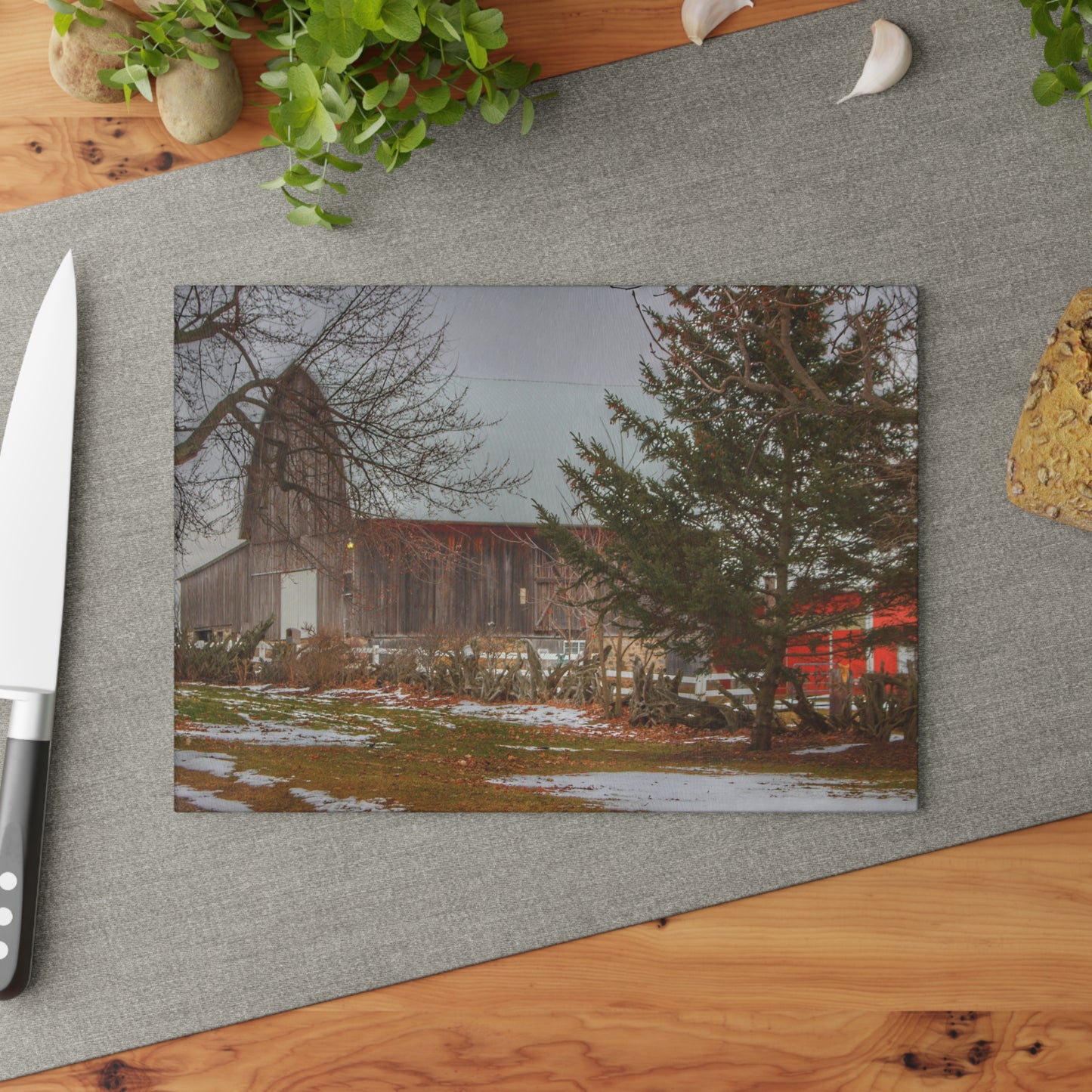 U R There Photography Schott Road Grey II Rustic Farmhouse Tempered-Glass Cutting Board