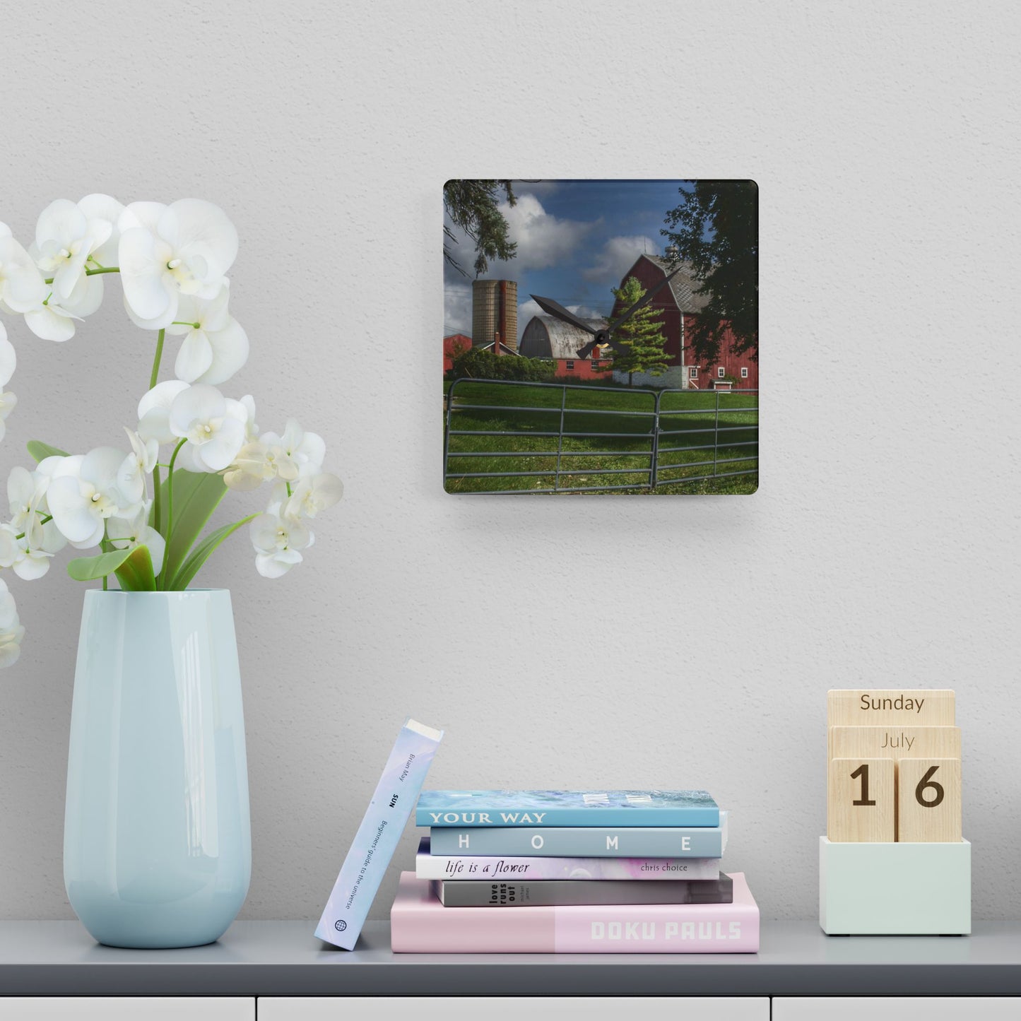 U R There Photography Hough Road Reds and Silo I Rustic Farmhouse Acrylic Analog Wall Clock