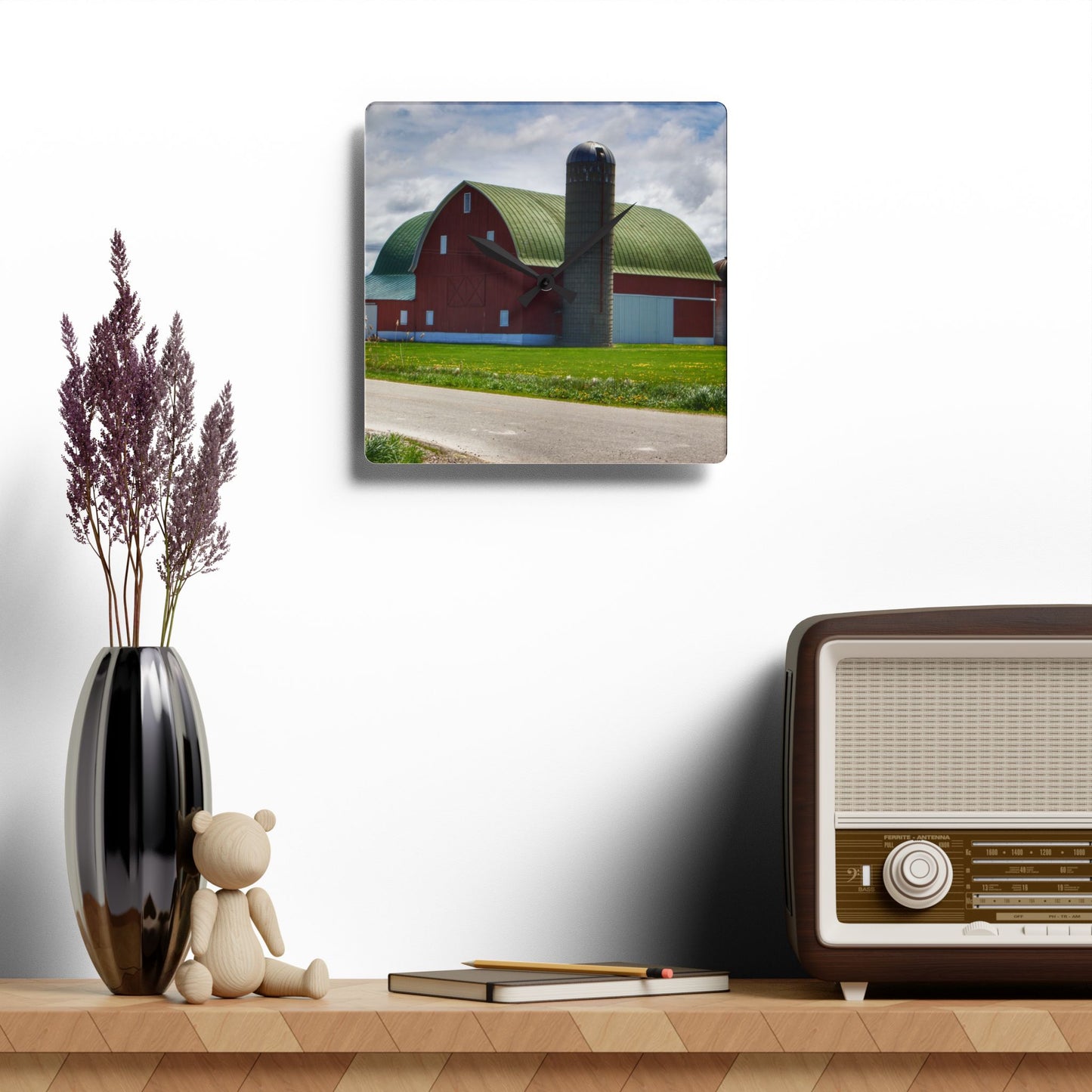 U R There Photography Rescue Road Red Rustic Farmhouse Acrylic Analog Wall Clock