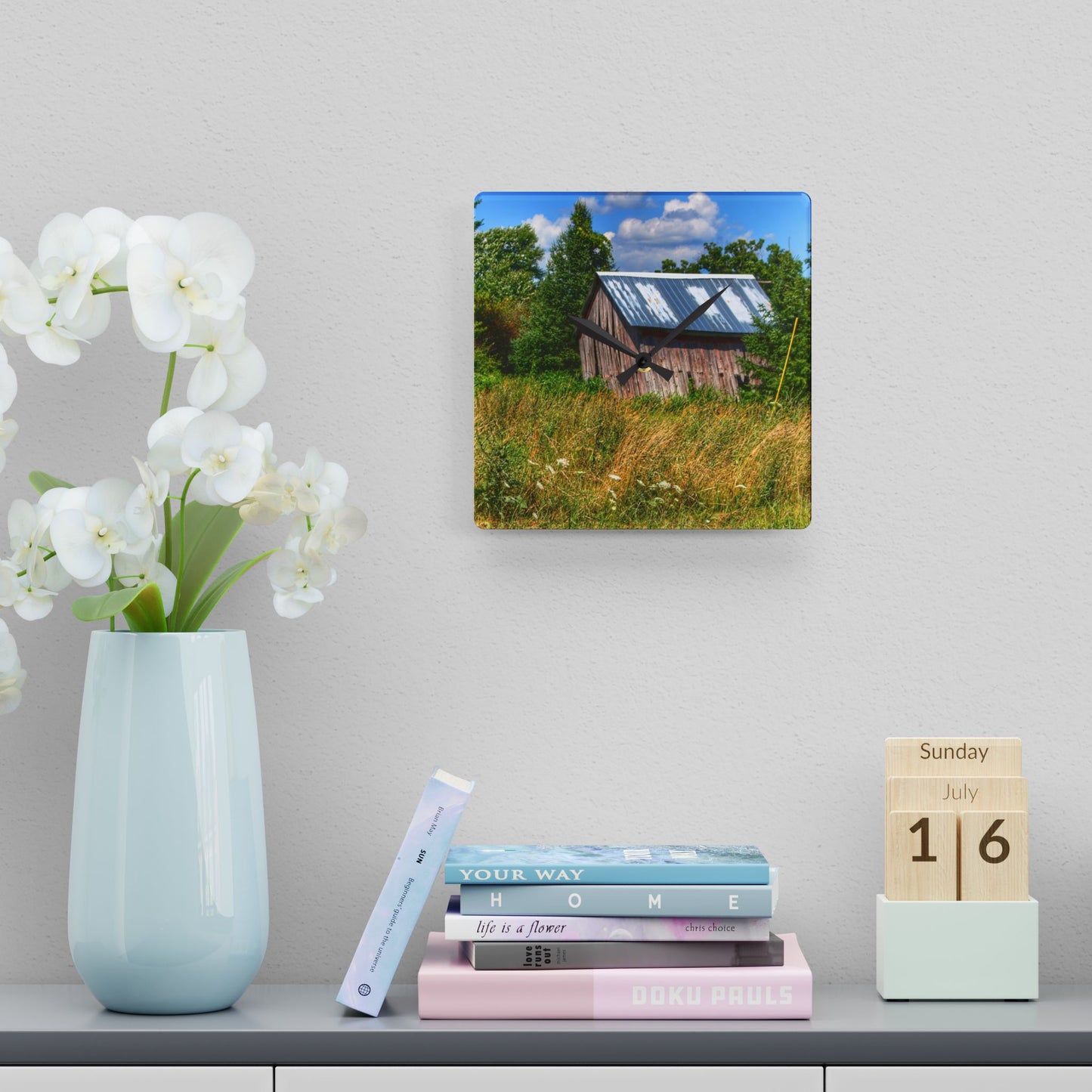 U R There Photography Lake Road Little Crooked Grey Rustic Farmhouse Acrylic Analog Wall Clock
